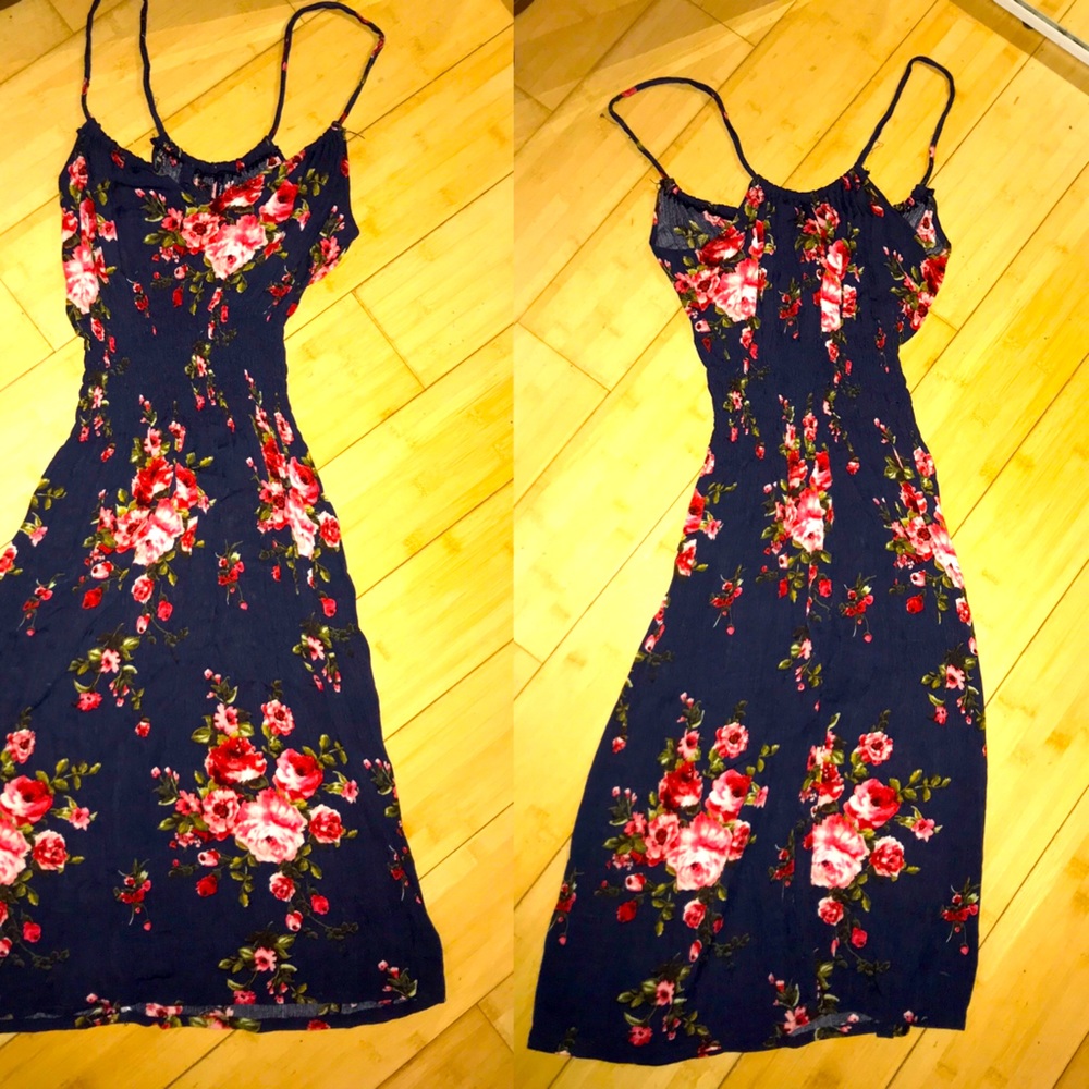 Long blue floral dress with tie in front